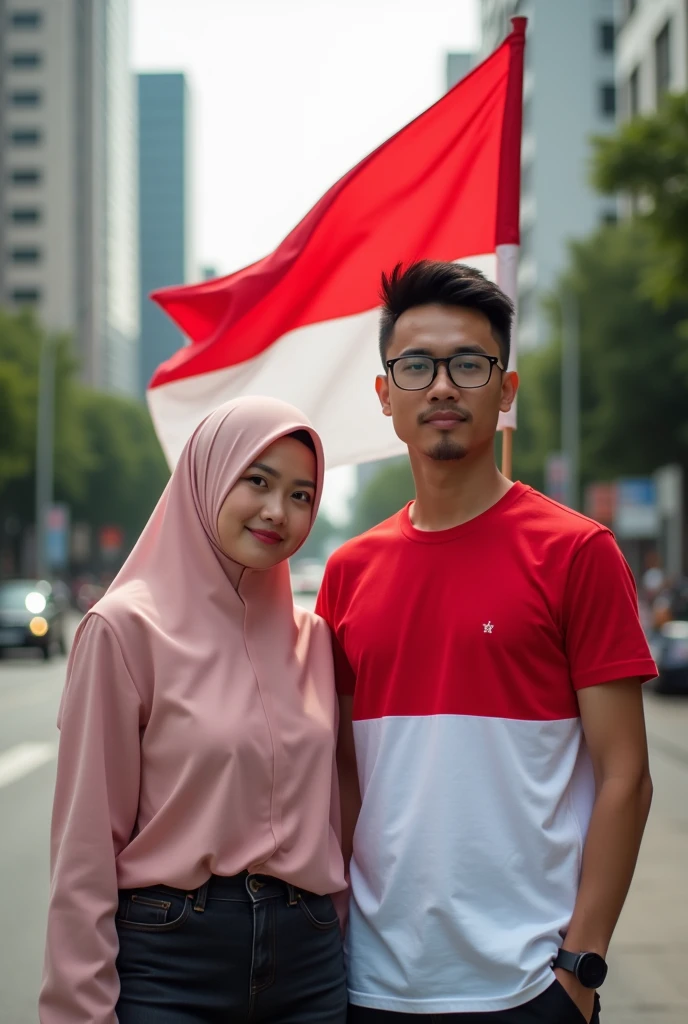 very high quality photo, independence scene, a woman wearing a hijab from Indonesia with a man wearing glasses, short hair combed neatly, wearing a red and white t-shirt carrying a flag posing on the side of a city road, full body, realistic and cool visual effects, looks real and perfect, UHD 64K, very sweet