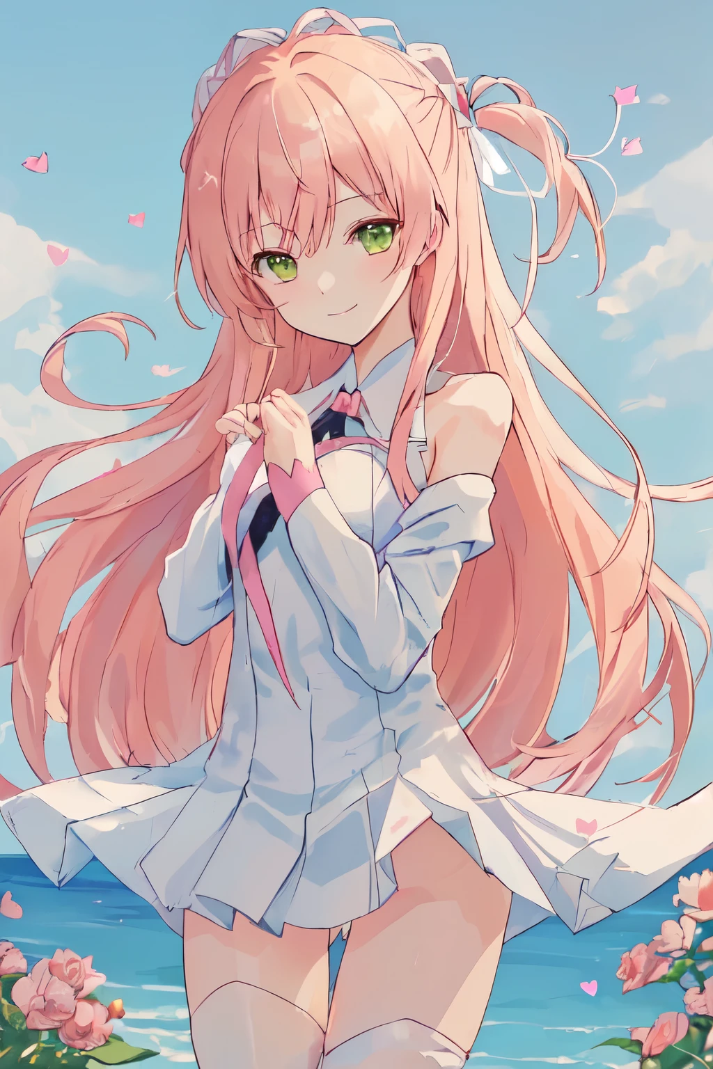 1_girl, (anime, kawai:2), (masterpeice, best_quality, clean:1.5), (sky_background:1.2), (cute, cute_smile, wholesome, young:2), (delicate, extremely_delicate, beautiful, thin:1.8), (girlfriend, angel:2), (green_eyes:2) (long_hair, blond_hair:1.8), (combat:1.2), (wearing_pink_dress, pink_angel_wings:1.6), (tease:1.5), (combat:1.2), extremely_delicate, (love_magic:1.5), (age_size_fits_body), (small_thighs:1.3), (breasts), (eye_level:1.3), (heart_magic, love:1.8), (warm:1.8), (folded_legs:1.5), (cheerful:1.1)