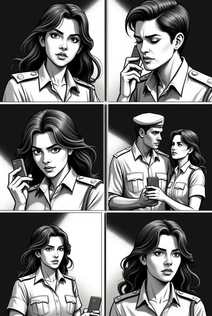 Indian police offer girls chatting with her superior male, he give her a file and after he give her a phone , she looks at the phone in a disbelief on her face
Make a storyboard in black and white in 8 mages pannels for a movie