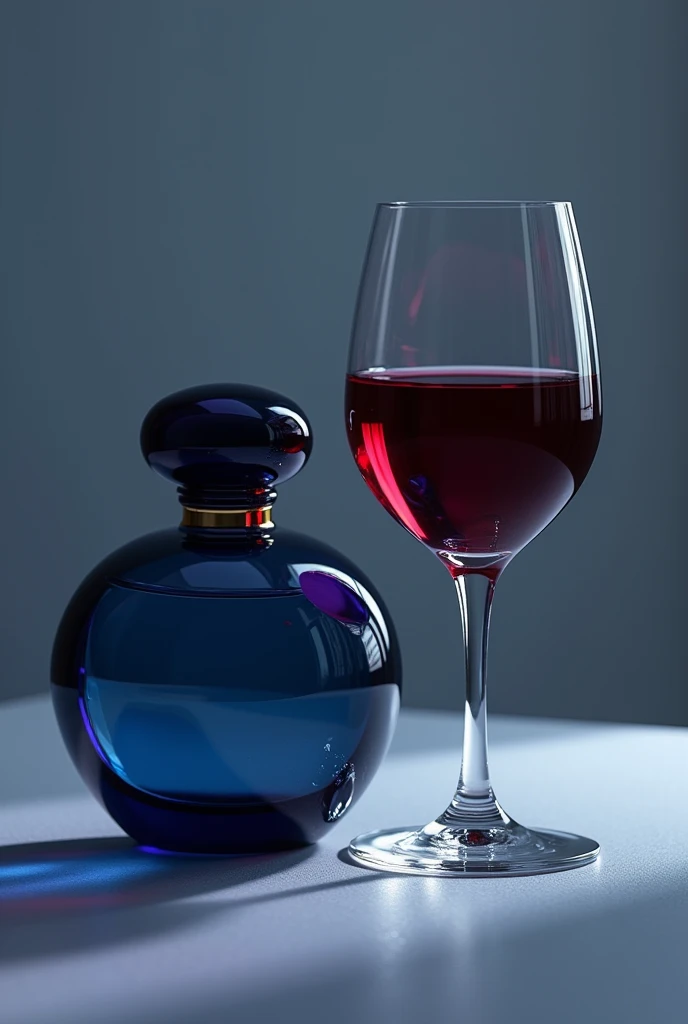 Navy blue transparent perfume, red wine, sensual