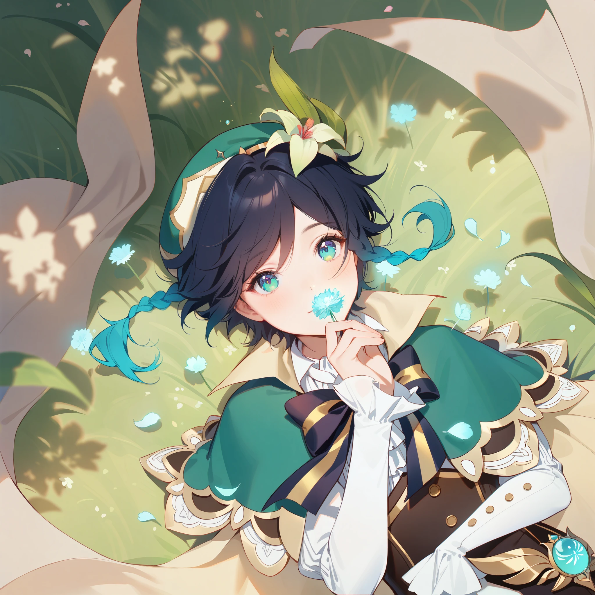 (best quality,4k,8k,highres,masterpiece:1.2),1boy,venti genshin impact,male focus,flat chest,ultra-detailed,realistic,(dsmile:0.5),morning of spring,delicate light rays,rich color palette,elegant curves,effects of light and shadow,flower petals falling,springtime essence,ethereal atmosphere,peaceful garden background,morning dew,soft sunlight filtering through trees,lush plants,komorebi,vividly colored blossoms,transcendent beauty,awe-inspiring artwork,white long-sleeved shirt, brown corset,green shorts, white tights,green cape,hat,brooch,green eyes,wise and kind god,cinematic lighting, ray tracing, UHD, high details, high quality, award winning, super detail,dandelion