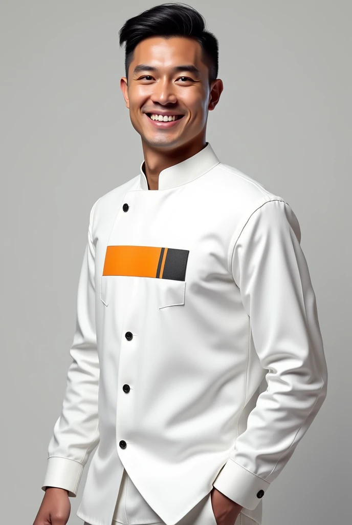 An avatar of my company wearing a white uniform with the Crispim Gesso logo in black and orange,