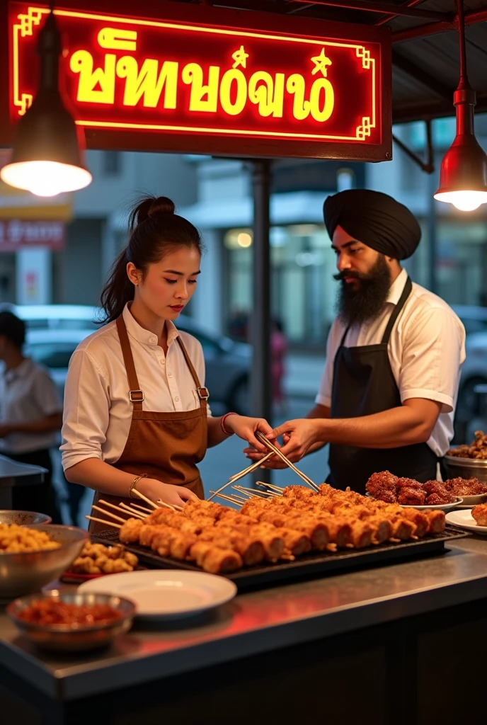 A Thai-style barbecue pork booth with a 1-meter spacing. The shop sign says "Moo Ping" (Grilled Pork). The seller is a sharp-faced Thai woman with a model-like figure wearing Thai attire, and a Sikh man with a short beard, a stocky build, wearing a black turban and Thai clothing. The photo is taken from the front of the shop.


