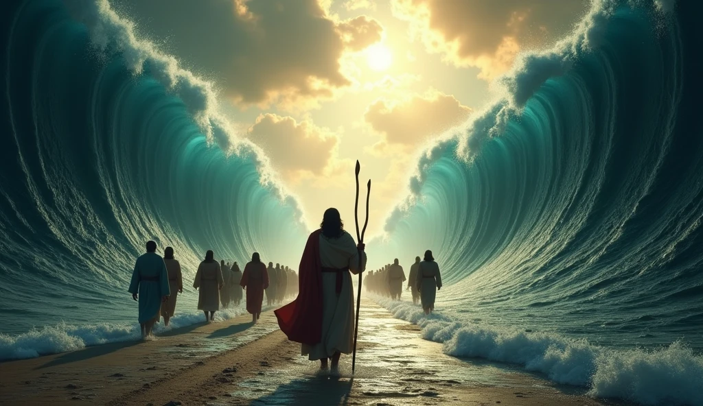 Create a dramatic and awe-inspiring scene depicting Hazrat Musa leading the Israelites out of Egypt, with the miraculous parting of the Red Sea. Show Hazrat Musa standing at the forefront, holding his staff aloft as the waters of the sea tower on either side, creating a path through the sea. Behind him, the Israelites are walking through the path with a mix of fear and hope on their faces. In the background, depict the chariots and soldiers of Pharaoh's army pursuing them, with the ominous waves beginning to close in on them. The sky should be filled with dark clouds, adding to the sense of urgency and divine intervention, with rays of light breaking through to illuminate Musa and the path. The overall tone should convey the miraculous nature of the event, the power of faith, and the dramatic rescue of the Israelites.