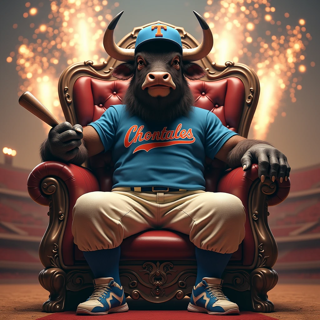 A giant furious bull with a muscular body sits on a luxurious throne inside a bullfighting arena. He has large horns, a cap with the letter T, a blue t-shirt that says 'Chontales', cream-colored baseball pants, and baseball sneakers. In one hand he holds a baseball bat and there are fireworks in the sky.
