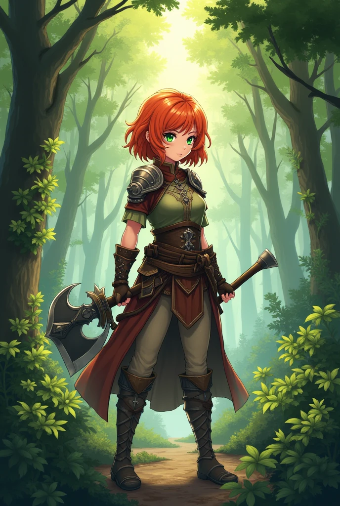 A cute and mature woman with short, red hair, but pulled towards orange, a warrior in old clothes and with old, worn armor, holding a dagger and an axe, green eyes in the middle of the forest, anime styling.