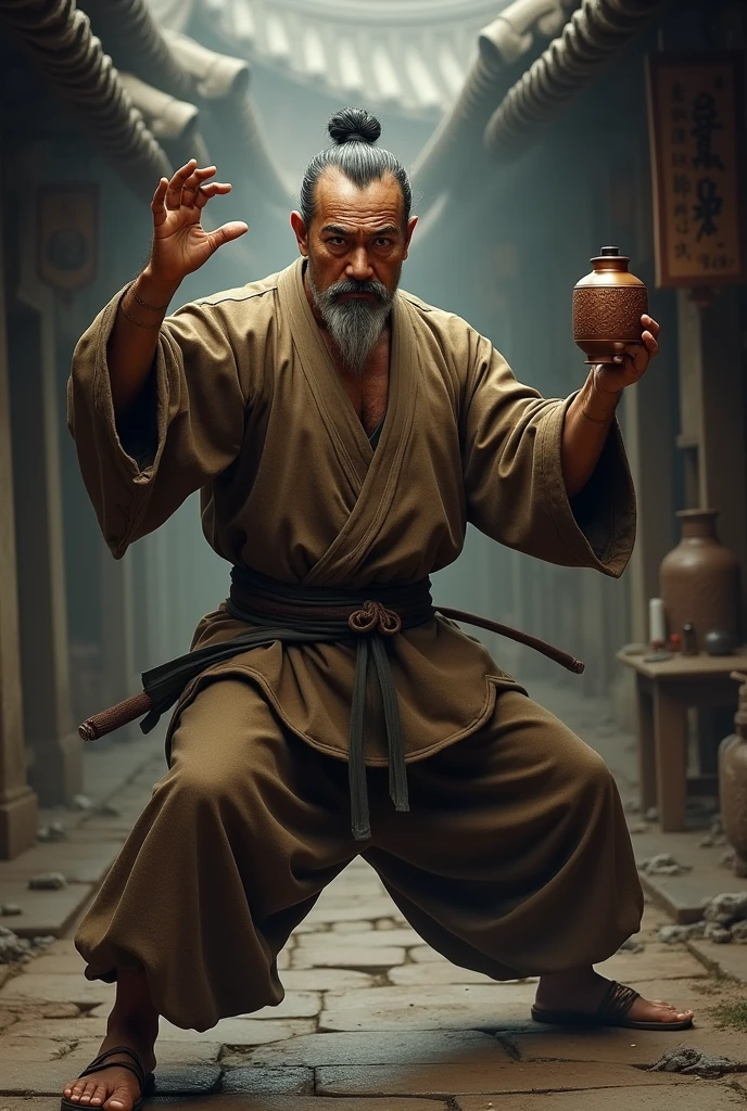 make a kung fu master from 1900. he fights the drunk master style. make it based on the character from the game the king of fighter Chin Gentsai. and there is no film of what chan printed master. make it realistic. in a fighting stance holding a gourd or sake gourd.