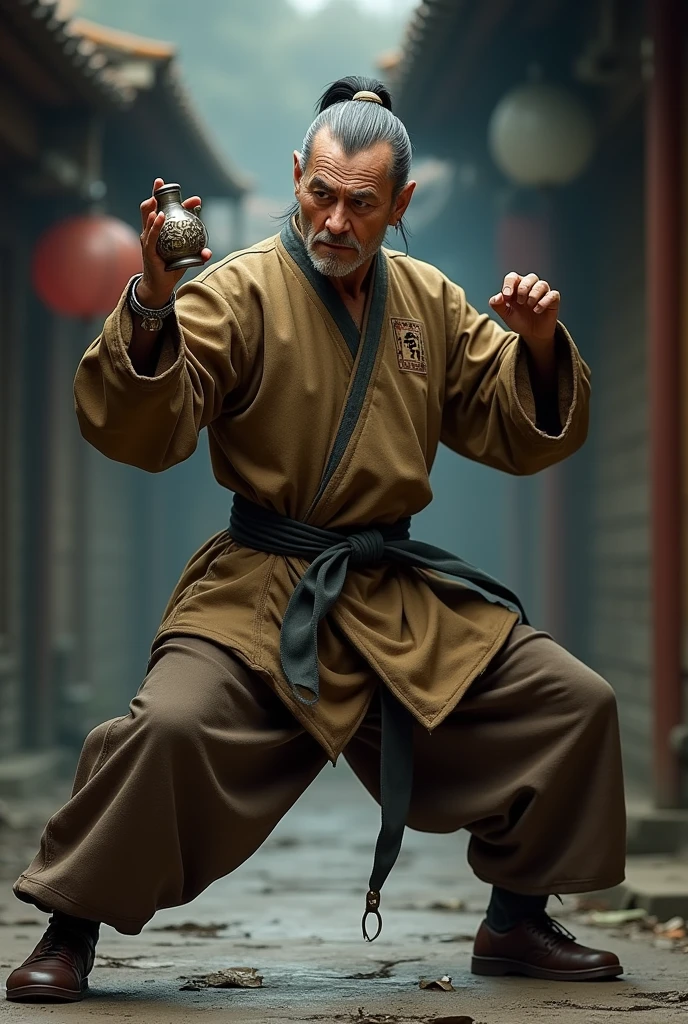 make a kung fu master from 1900. he fights the drunk master style. make it based on the character from the game the king of fighter Chin Gentsai. and there is no film of what chan printed master. make it realistic. in a fighting stance holding a gourd or sake gourd.