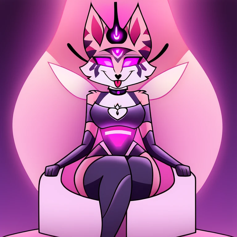 (Queen Bee hellhound) in (brainwashing chair), (hypnotized with glowing purple eyes, tongue out) (in black latex clothes uniform), (@_@), (Brainwashing), (Mind Control), (Mind control Headset), collar, Mind Control, Hypnosis, Mind Control Visor, brainwashing machine, entranced, creepy smile, (sitting in brainwashing chair with helmet),