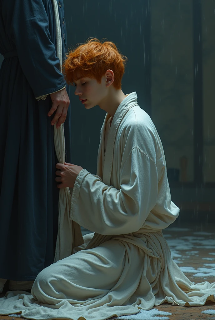 Yeonjun was in a humiliating position, kneeling before his father, head bowed and hands clinging to the linen cloth that covered his father's legs. His body trembled, not only from the cold that ran through the room, but from the fear that consumed him. Dull Orange hair. Beauty angelical. Tattered clothes. 