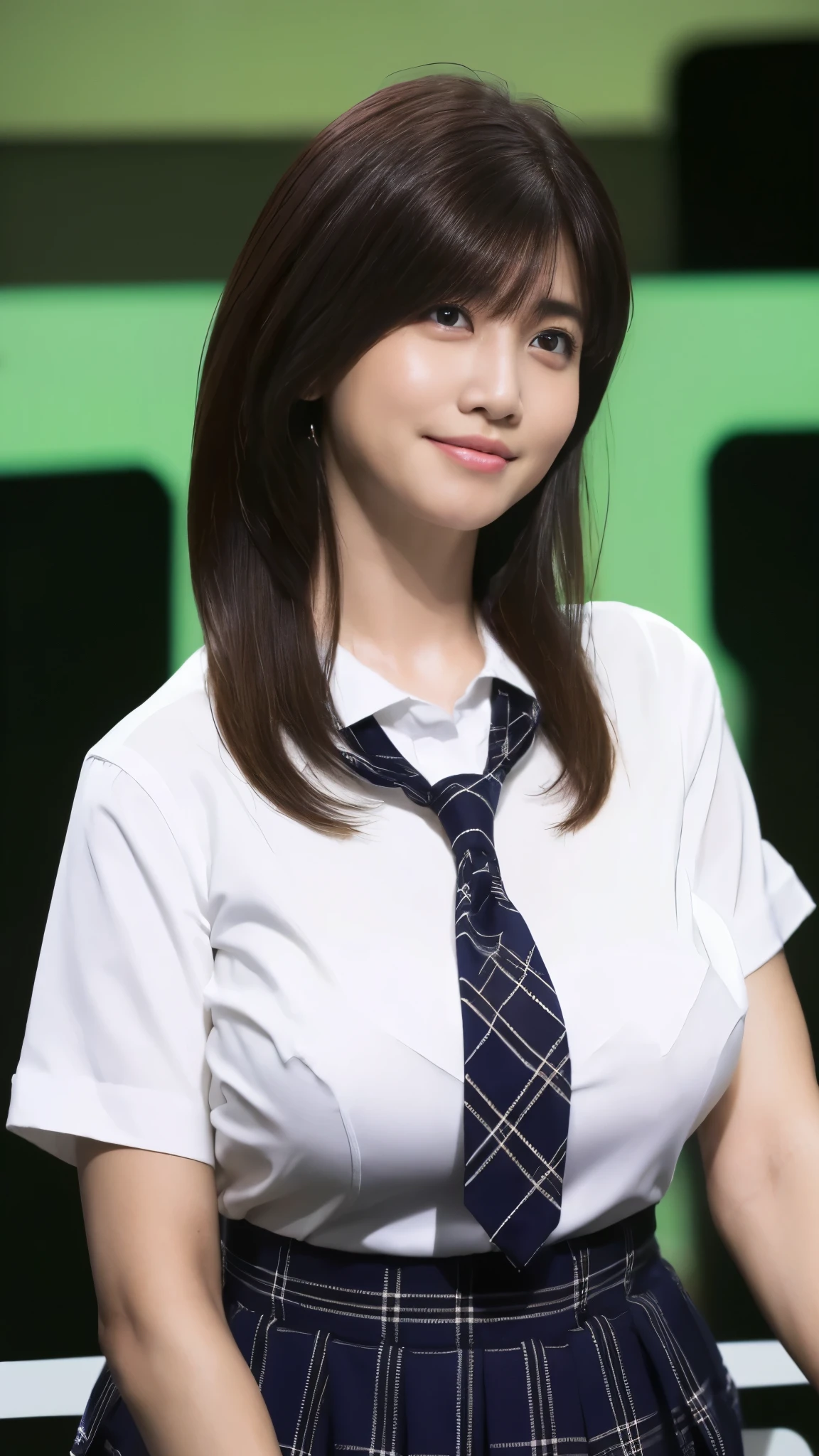 (8k,Ultra-high resolution,Highest quality,masterpiece,Realistic,Ultra-high resolution,High-quality RAW color photos,Professional photos,Realistic,Realistic),Natural skin texture,Fine skin,Hyperrealism,Intricate details,Adult women,Eye highlights.Lip gloss,Glossy Lips,(Cute smile,Short Hair,Dark blonde hair,bangs),(((gigantic breast,Big Breasts))),(Schoolgirl uniform,(White Cutter Shirt),Azure check patterned pleated mini skirt,tie),Urban area,((face focus,Staring at the audience))