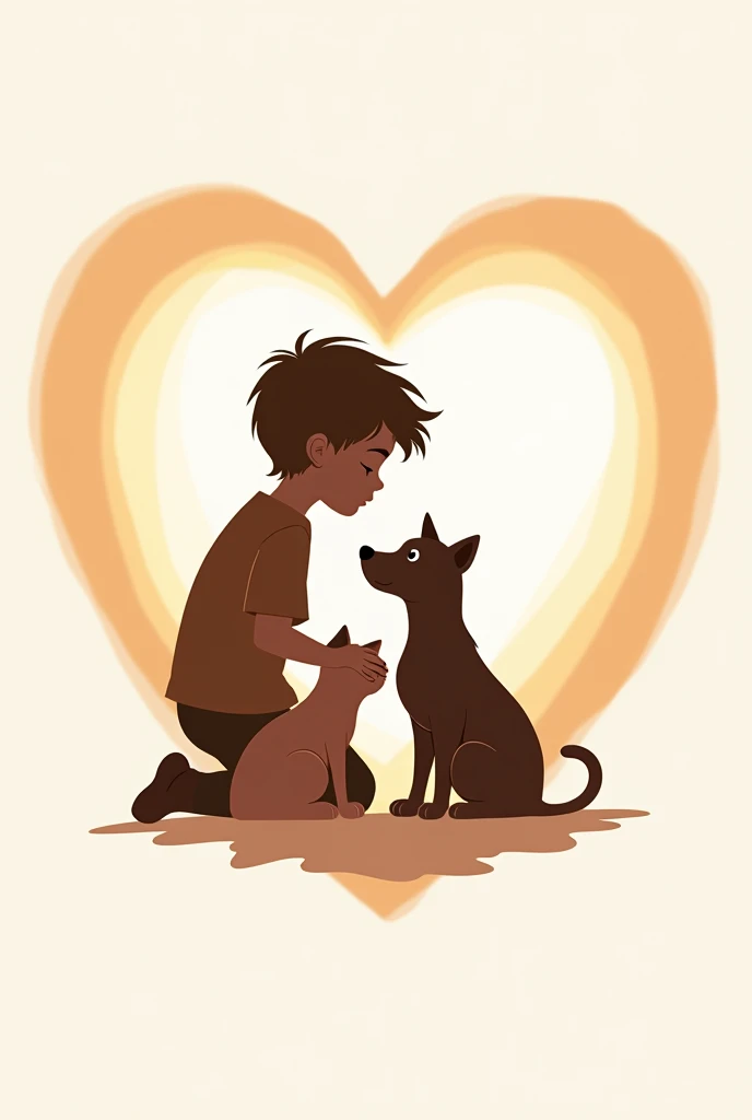 Inside a heart, the image of a boy's silhouette lovingly touching a dog and a small cat for a logo