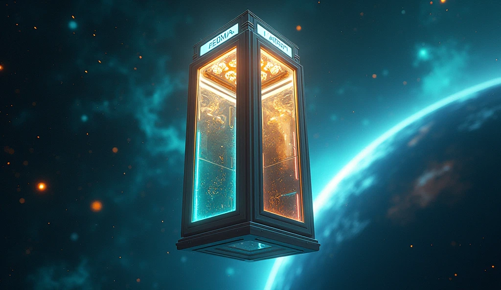 Há uma cabine telefônica flutuando no universe, planetes, Star dust, contrasting colours, yellow, purple, cerulean, poeiras do space, stele, Eye of God, rendered in keyshot, police station, futuristic cabins, cabine no estilo TRON LEGACY, luzes nas cores cerulean e  dourada, cabin made of glass, transparent cabins, universe, space sideral, represented as a 3D rendering, 3D rendering beep, space, phone booths, TEDOMA written at the top of the cabin, promotional rendering, sci-fi magic highly detailed.