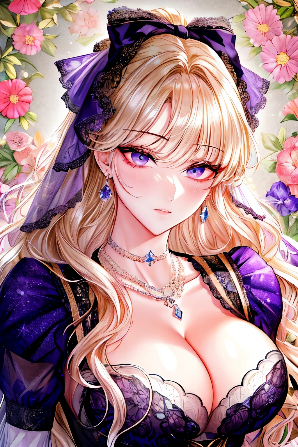 Kuroume_1024, ((shoujo-style, floral background, romance manhwa)), (close up), (1girl:1.2), platinum-blonde hair, solo, long hair, flower, dress, thick eyeblows, blue flower, wavy hair, closed mouth, collarbone, breast, cleavage, puffy sleeve, white dress, purple dress, elbow gloves, earrings, necklace, hair bow, face focus, beautiful face, detailed eyes, pupil, looking at viewer