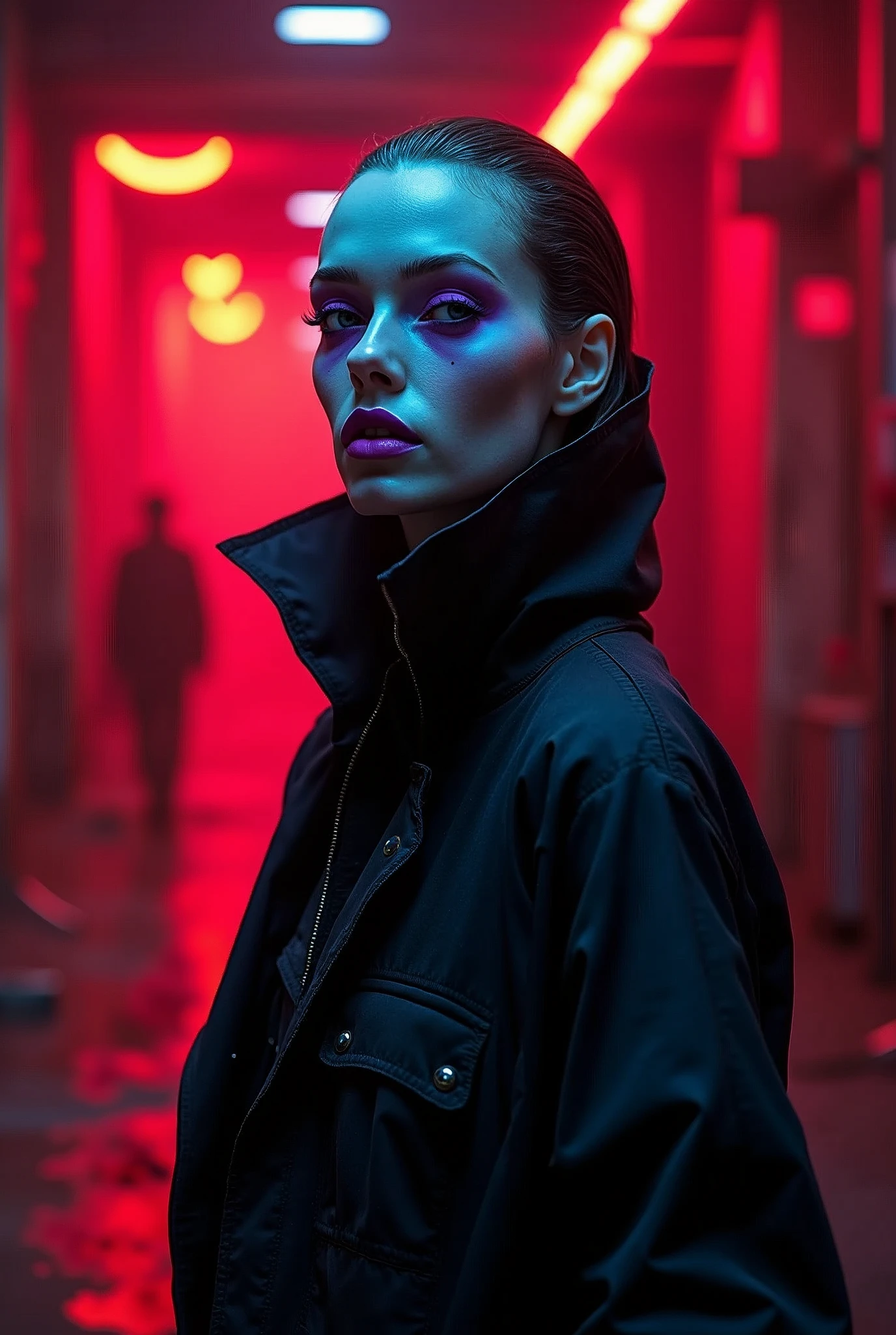 an alien woman standing on red background with purple lips, in the style of futuristic cyberpunk, dark black, 32k uhd, alexander mcqueen, ivanovich pimenov, distorted, exaggerated figures, black background