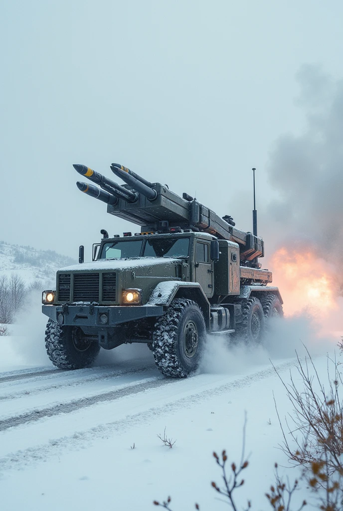 
A modern artillery truck firing many missiles in a snow storm