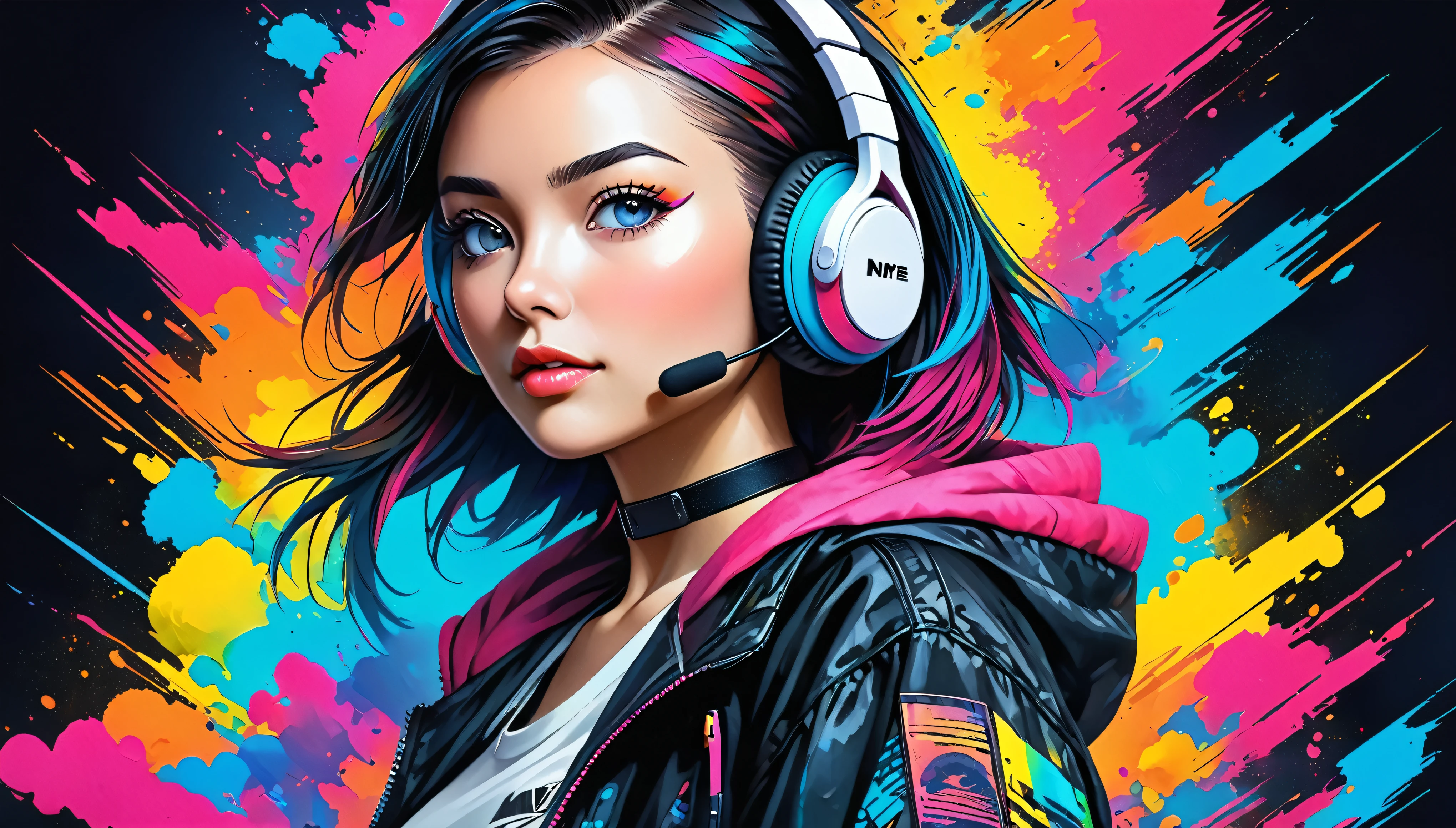 girl with wireless headphone, cyberpunk style, colorful, portrait, pop culture, realstic style