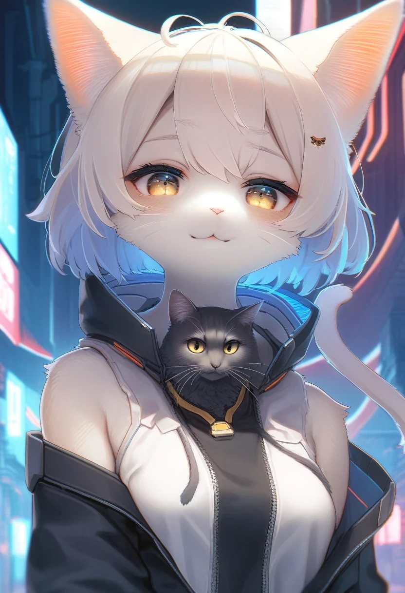 ((Masterpiece)), ((Best Quality)), (Very Detailed), ((Very Detailed)), 4K, (8K), very aesthetic, absurdres highres, 1 woman, (anthropomorphic cat, furry, kemono:1.5), The Future of Fashion in a Cyberpunk World
