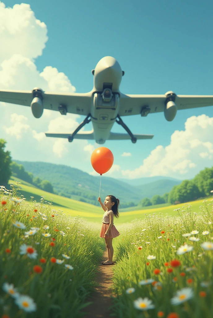 a girl with a baloon standing in center of farm field, giant battle dron in distance, cozy atmosphere, detailed


