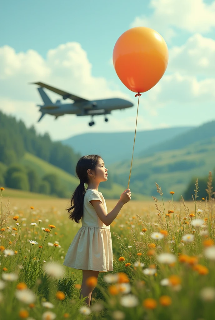a girl with a baloon standing in center of farm field, giant battle dron in distance, cozy atmosphere, detailed