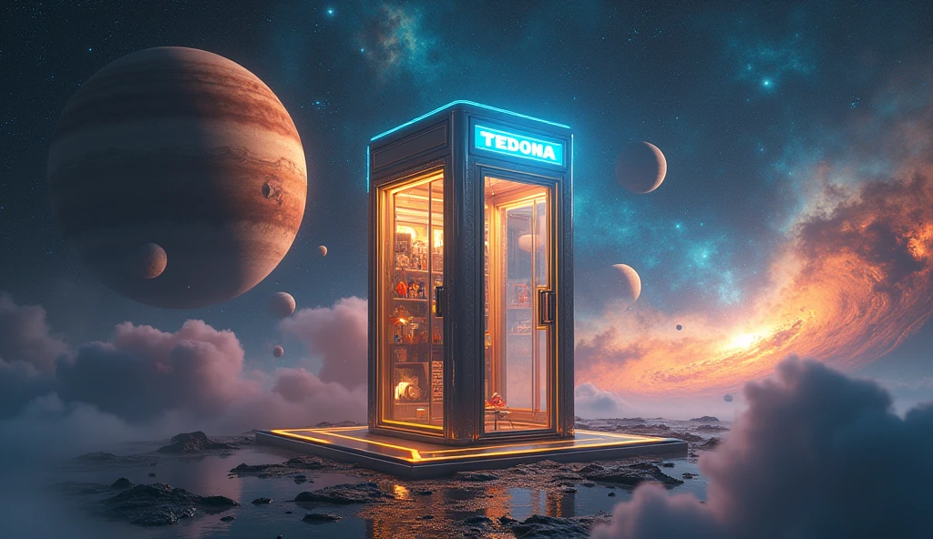 Há uma cabine telefônica flutuando no universe, planetes, Star dust, contrasting colours, yellow, purple, cerulean, poeiras do space, stele, Eye of God, rendered in keyshot, police station, futuristic cabins, cabine no estilo TRON LEGACY, luzes nas cores cerulean e  dourada, cabin made of glass, transparent cabins, universe, space sideral, represented as a 3D rendering, 3D rendering beep, space, phone booths, TEDOMA written at the top of the cabin, promotional rendering, sci-fi magic highly detailed.