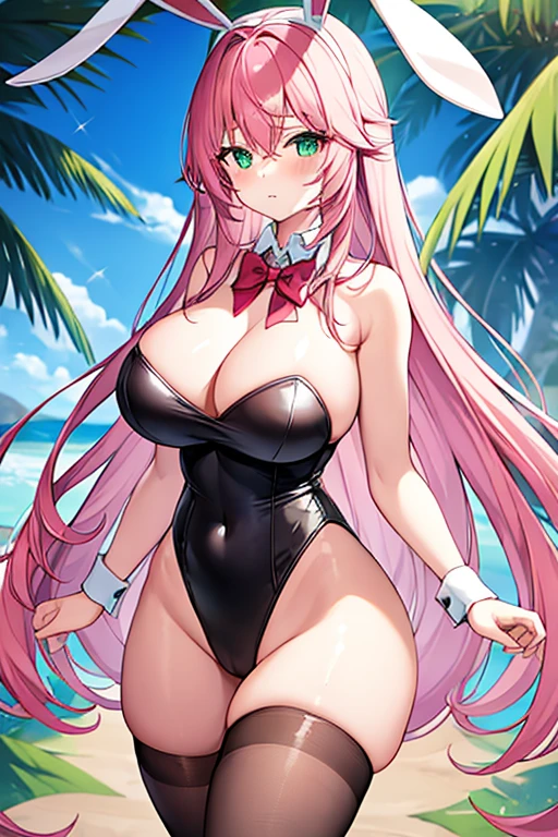 1girl, pink hair, long hair, hair over eyes, ((hair over eyes)), long bangs, ((long bangs)), green eyes, huge breasts, thick thighs, wide hips, mature female, hourglass figure, bunnysuit, rabbit ears, leotard, black leotard, bowtie, red bowtie, pantyhose, black pantyhose, shy, timid,