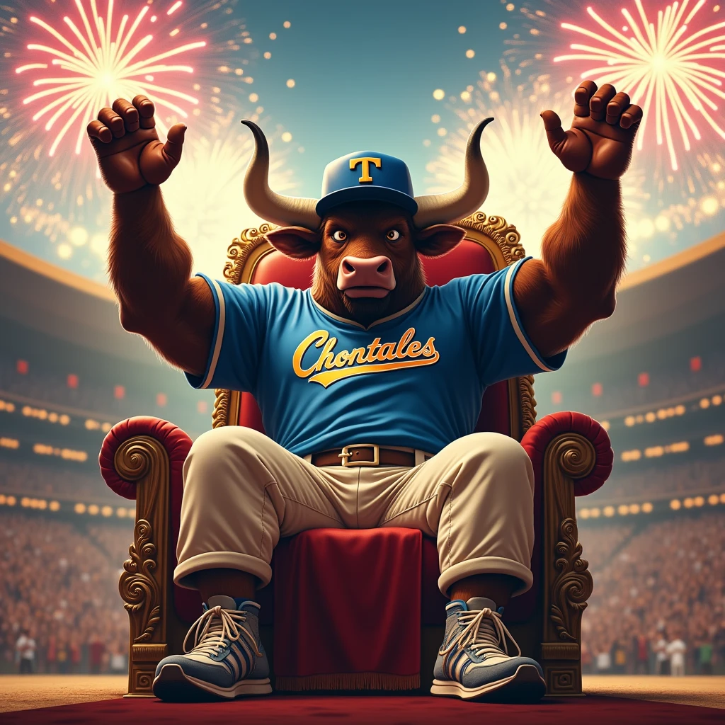 A furious giant bull with a muscular body sitting on a luxurious throne inside a bullring with big horns and a cap with the letter T on it, a t-shirt that says Chontales in blue and cream-colored baseball pants and baseball shoes raising its hands in victory and fireworks in the sky