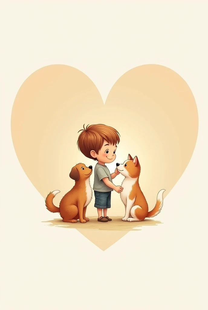 Within a heart, the silhouette of a young boy lovingly touching a dog and a small cat for a logo