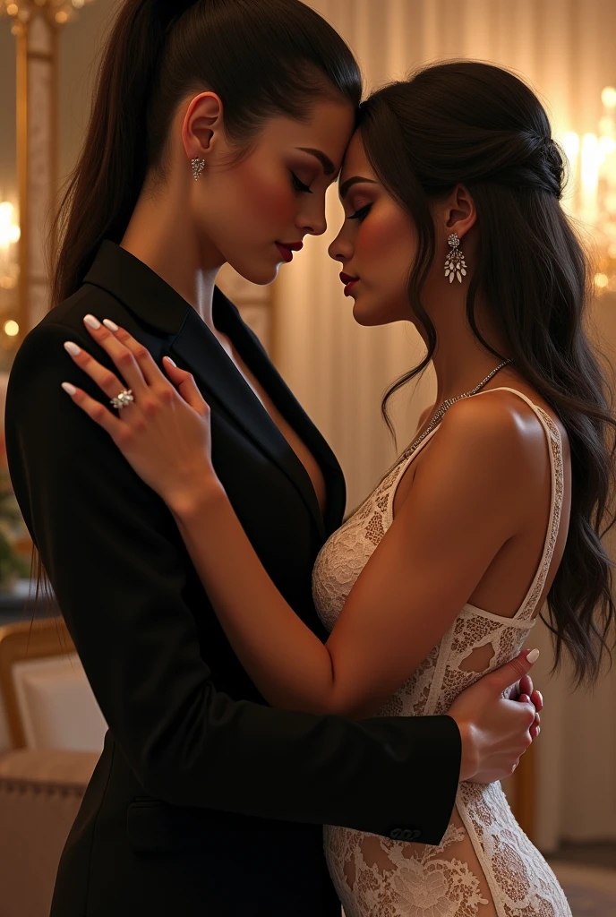 The first woman is holding the waist of the second woman. The second woman is wearing an elegant white lace evening dress. The first woman dress like boss.The second woman wrapped her arms around the first woman's neck. The first woman wrapped her arms around the second woman's waist. The first woman tied her hair into a tight ponytail. The second woman is also a bit brunette and has light hair. They look at each other and are very close. The first woman has long nails. The first woman wore black nail polish. The second woman also has medium-sized nails and wears white nail polish. the first woman grins.