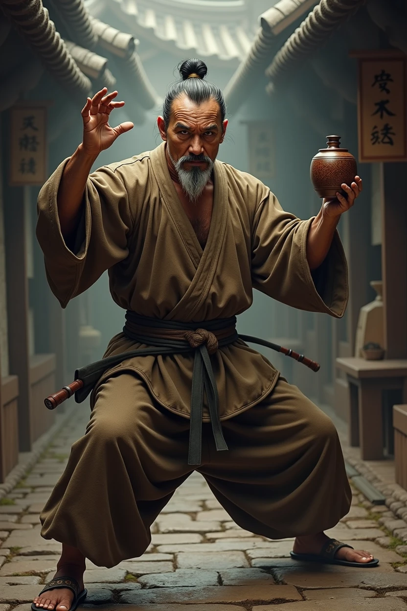make a kung fu master from 1900. he fights the drunk master style. make it based on the character from the game the king of fighter Chin Gentsai. and there is no film of what chan printed master. make it realistic. in a fighting stance holding a gourd or sake gourd.