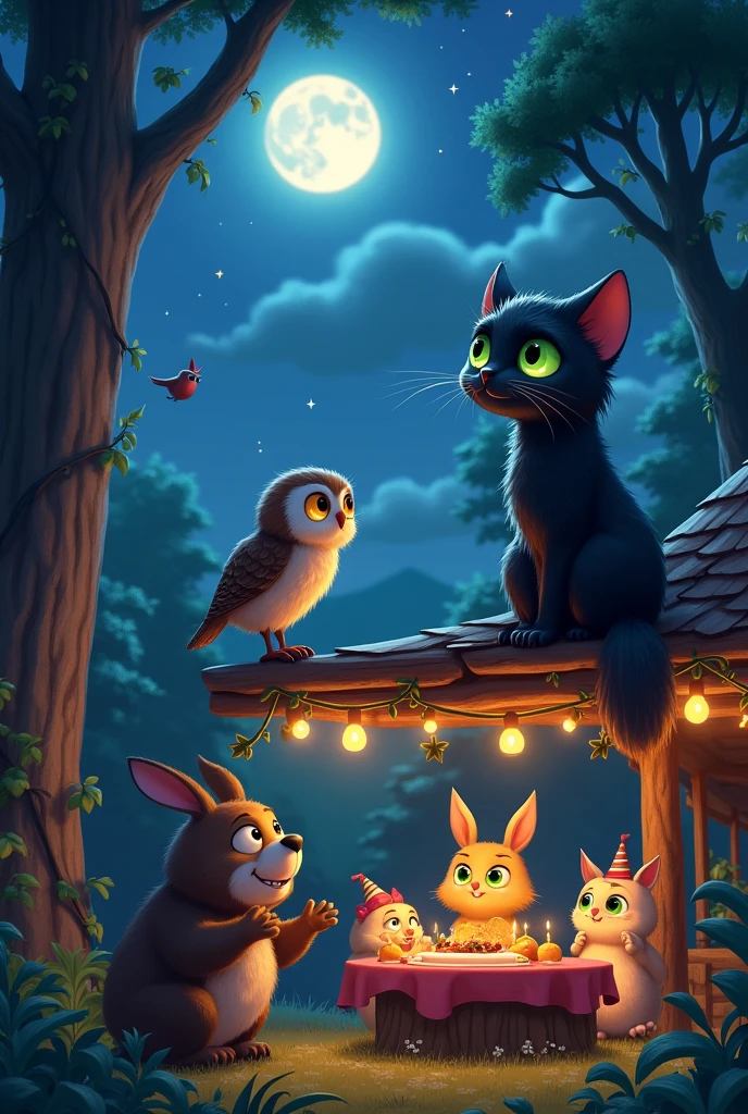 Generate a vibrant, colorful image of a black cat with vibrant green eyes and her owl friend living on the roof, looking at A small, distressed owl approaching a black cat with vibrant green eyes Luna and Olívia a cojula with blue eyes on the rooftop, asking for help. The scene captures the urgency and concern, with Luna and Olívia listening intently, while the little owl flutters its wings nervously. The night is calm, but the tension is palpable." the starry sky and sharing your dreams. The scene is dreamlike and reflective, with each character lost in thought, looking up at the stars. The atmosphere is calm and full of wonder."two friends, inspired by the artistic styles of Disney and Pixar. The setting is magical and welcoming, capturing the charm and joy characteristic of these animation studios. Details to include: -Location: A clearing enchanting with a starry sky and the moonlight illuminates everything and everything even more with tall trees around, illuminated by twinkling lights used on the rooftops. The evening light filters softly through the leaves, creating a play of light and shadow - both friends. looking up at the sky and admiring, but not limited to, a bear playing a musical instrument (such as a double bass), birds singing and dancing in the air, rabbits playing tambourines, A fox playing the guitar Have the animals show happy and friendly expressions ., with some party accessories (such as hats or bows). -Decoration: The scene should include natural decorative elements such as shining stars, vines woven into arches, and tables made from cut logs, covered with a feast of fruits, nuts, and so on. others). forest delights. - Style: Characters and environments should be rendered in the signature, highly animated style of Disney and Pixar, with special attention to detail, animal facial expressions, and a vibrant color palette that enhance the magical, festive atmosphere of the scene. Purpose: The image should evoke feelings of joy, community and th