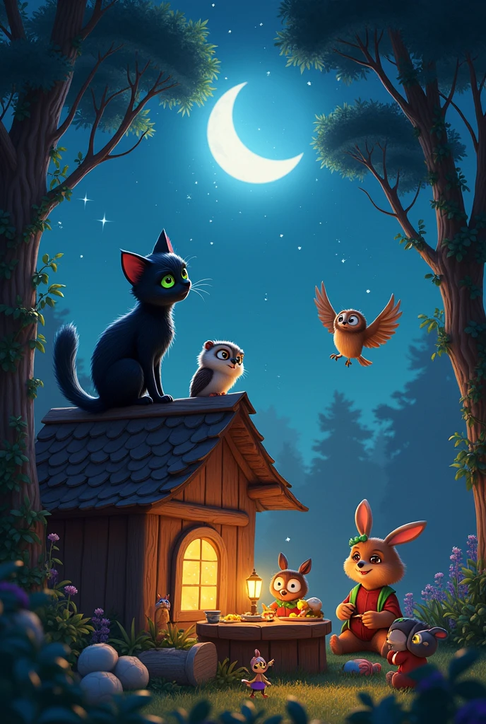 a group of cartoon characters are gathered around a lantern, adorable digital painting, alexander jansson style, critters, beeple and jeremiah ketner, cute detailed digital art, animated film, cheburashka, cute monsters, still from animated horror movie, fantasy matte painting,cute, animated movie scene, creepy cute creatures everywhere, in the croods movie style, tim burton, nightmare before christmas