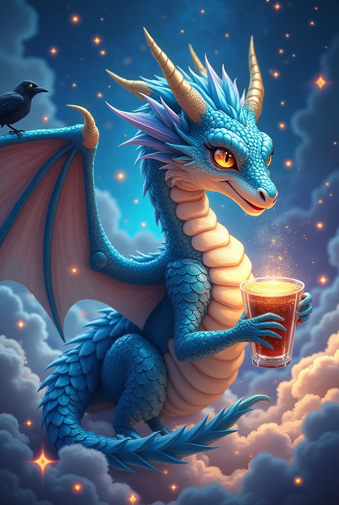 A dragon that drinks, whose majestic wings and skin have the constellations of the dragon imprinted on them, The raven and many stars with an animated style