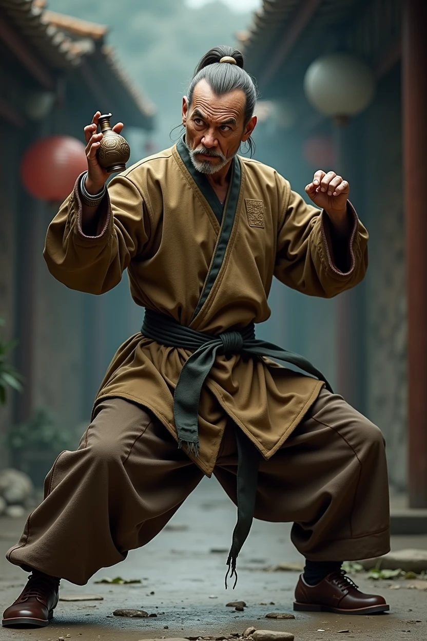 make a kung fu master from 1900. he fights the drunk master style. make it based on the character from the game the king of fighter Chin Gentsai. and there is no film of what chan printed master. make it realistic. in a fighting stance holding a gourd or sake gourd.