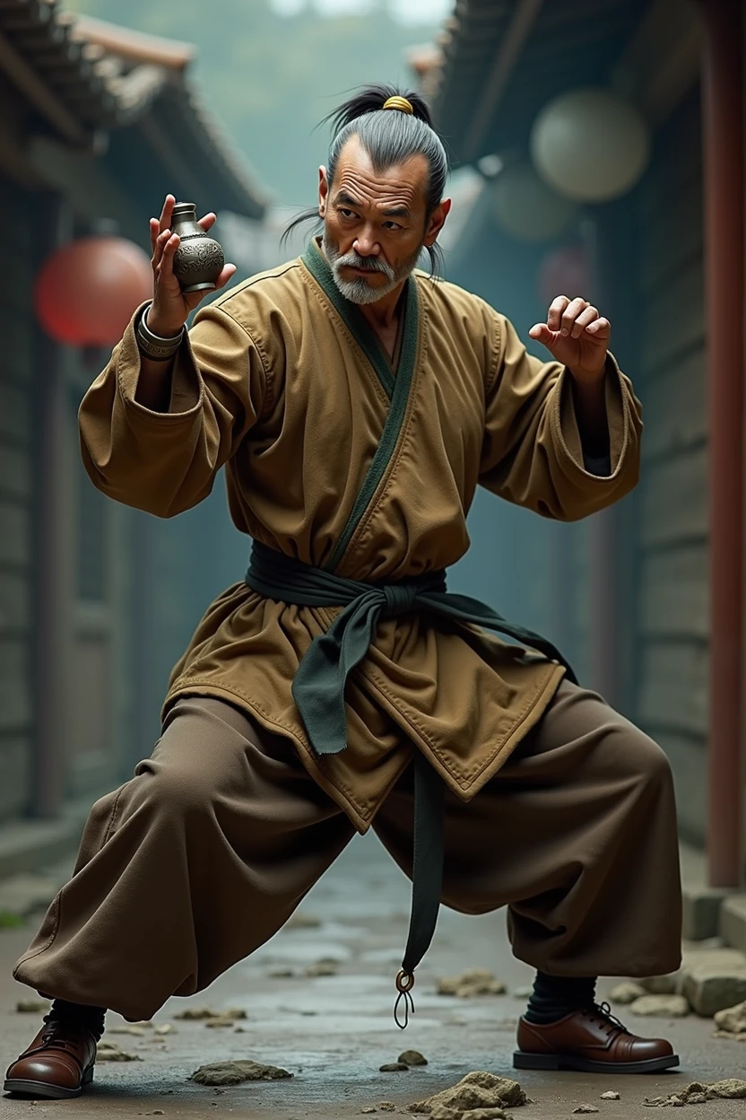 make a kung fu master from 1900. he fights the drunk master style. make it based on the character from the game the king of fighter Chin Gentsai. and there is no film of what chan printed master. make it realistic. in a fighting stance holding a gourd or sake gourd.