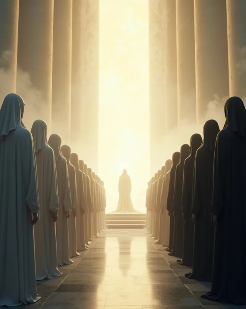 create a heavenly light, on the right side there is a row of people in white robes. on the left side a row of people in black robes. in the middle of the throne there is only a heavenly light