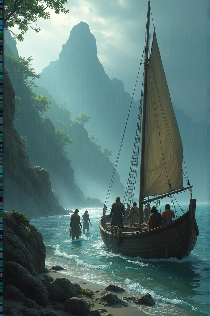 A guild inside the sailboat encounters the rainy islands.