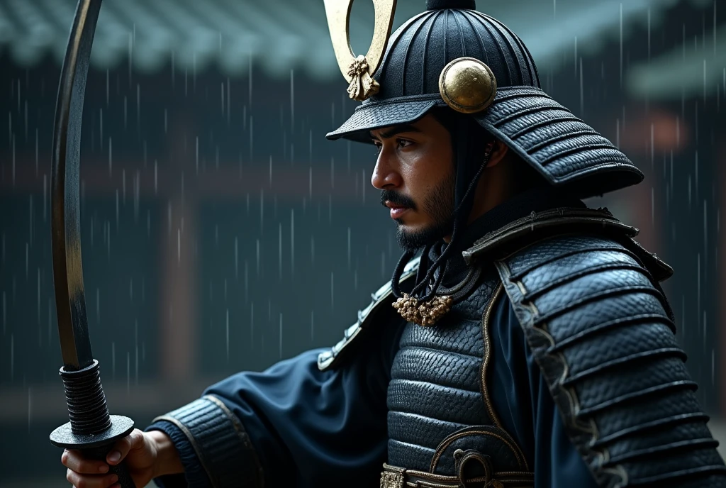 Profile, many samurai, Japanese men samurai , (35 age-old, little beard, little mustache, serious),A samurai from the Kamakura period, wearing traditional armor and helmet, ((both hands holding a Japanese Katana sword )), The samurai stands in a battle-ready pose, with a determined expression, night ,rain, ((Anatomically correct,Surrealism, UHD, retina, accurate, anatomically correct, textured skin, super detail, high details, best quality, 8K))