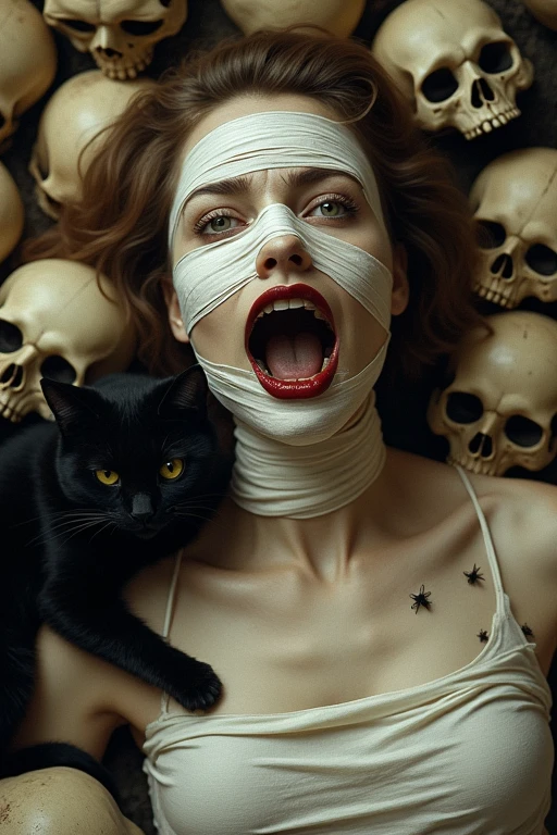 ((best qualityer)), ((Renaissance)), ((work of art)), (detailded), A woman completely bandaged up to her face, with only her eyes and mouth showing., striking and open eyes, mouth open with flies coming out, lying on a pile of skulls with a black cat next to the woman, melancholy, Top and front camera from a distance.