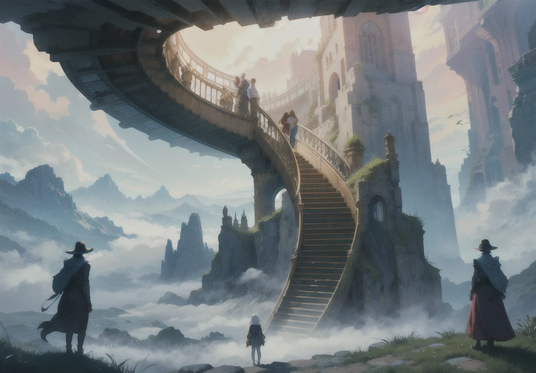 A surreal depiction of the quest for equality, represented by a vast, ((endless staircase winding through the clouds)), with diverse people climbing together toward a shining, elusive doorway at the top. The scene blends elements of fantasy and reality, with barriers along the path symbolizing various social obstacles. The mood is hopeful yet challenging, with ethereal lighting and symbolic motifs scattered throughout.