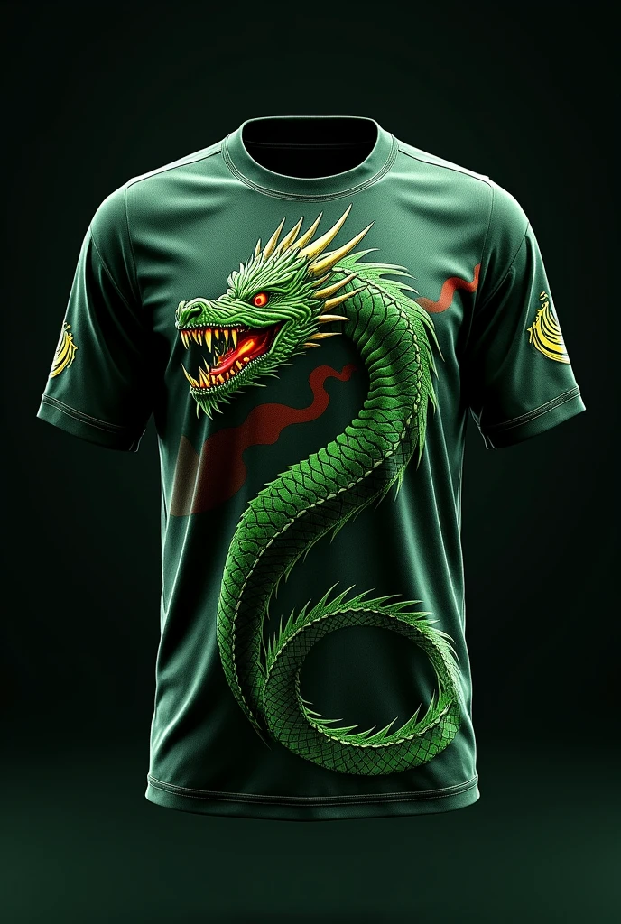 Make me a black team jersey with a green fire-breathing dragon with the Iranduba symbol.