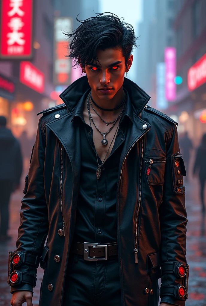 1 white rogue, 1 man, world of warcraft rogue, black hair, cyberpunk, street style, streets of stormwind, bright, with tan skin, red eyes, looking at the viewer, upper body, megazine cover, shogum