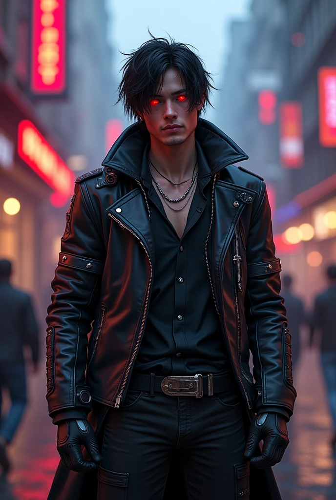 1 white rogue, 1 man, world of warcraft rogue, black hair, cyberpunk, street style, streets of stormwind, bright, with tan skin, red eyes, looking at the viewer, upper body, megazine cover, shogum