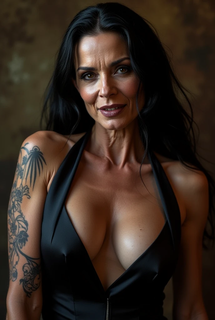 Female dominatrix aged 60, thin very white wrinkles, pose for selfie not Instagram, black gown, smiling showing teeth, heavy makeup with long black hair and black eyes looking at the camera, detailed photo, realistic lighting, top quality real skin: 1.4, Enhanced cinematic lighting: 0.9,hyperrealisti: 1.4, (soft lighting: 1.05) moving figure, sexy dominant pose, domination, mistress, BDSM