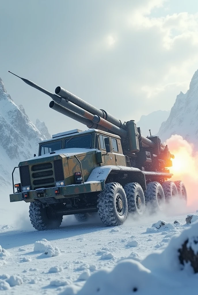 A modern artillery truck firing many missiles in a snow storm. Try to make it as realistic as possible