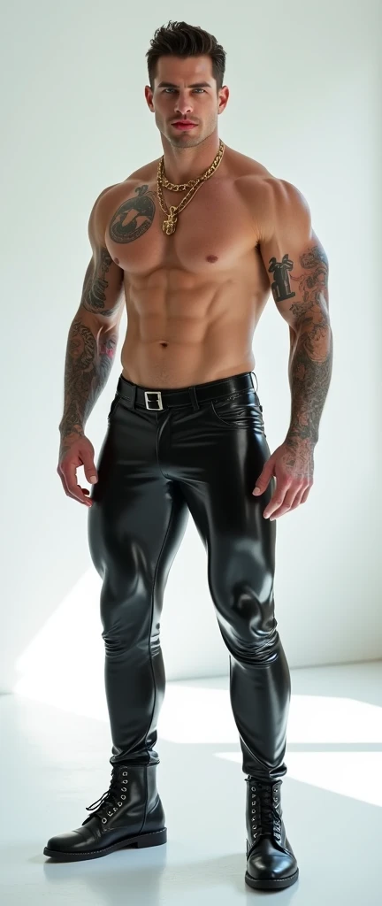 Fullbody standing picture of white skin Handsome muscular horny nude sexy gay man wearing tight skinny shiny white vinyl suit, shiny black Disconnected Pompadour oiled hair style, blue eyes, shiny black varnished vinyl shoes, red lip, chain, tattoos, horny, cum shot, sperm, milking penis, very big penis, very big testicle, shiny oiled skin, orgasm, oversexed, masturbation, standing at white lighting show room