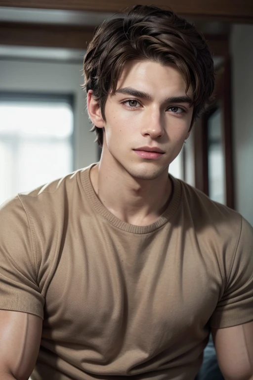 Man 1,75m de altura, athletic physique, dark brown hair, lightbrown eyes. Wear casual and modern clothes on the front