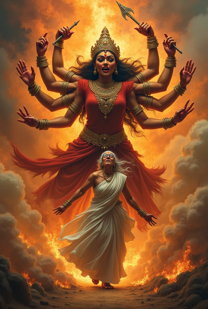 Angry fire Goddess Durga uses weapon to kill an old indian lady who is wearing specs and white saree
Portrait
