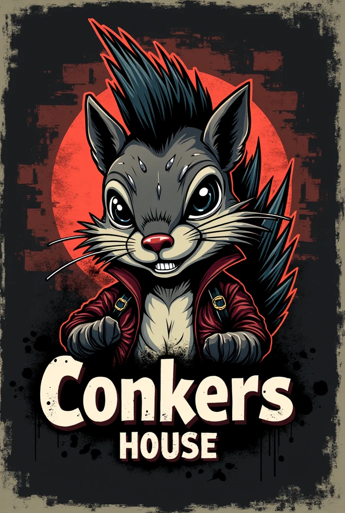 Create a logo with a punk squirrel that says Conkers House