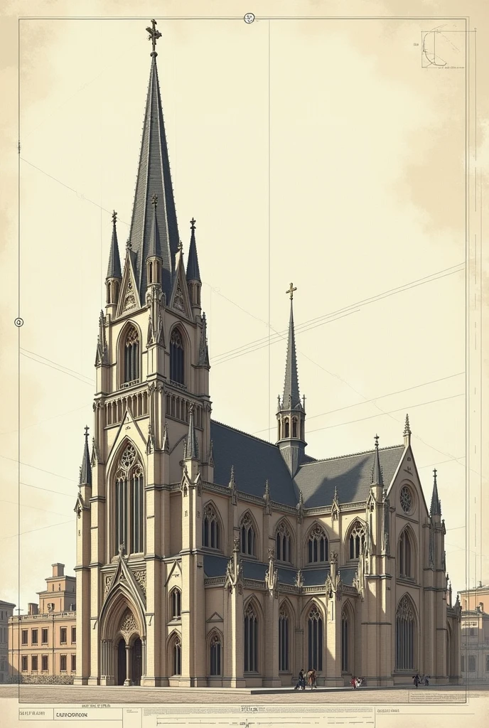 Create an architectural plan with exact dimensions of a church that is as detailed as possible